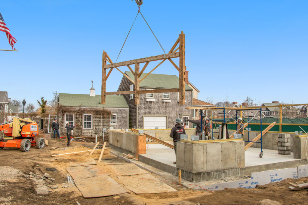 Historic reclaimed timber frame raising on new build site