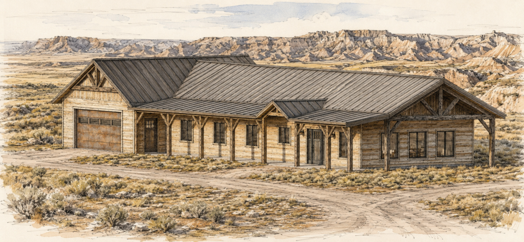 Custom timber frame design for ranch property in the Badlands of South Dakota