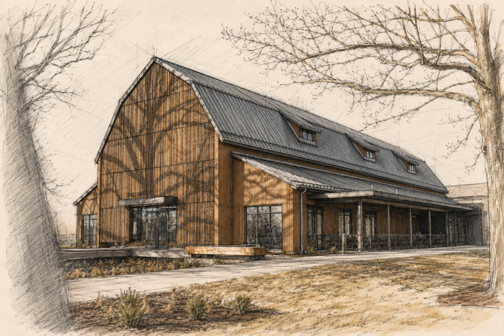 Reclaimed timber frame barn rebuilt on Purdue's campus in Indiana. 